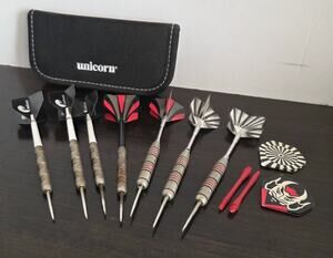 Unicorn Steel Tip Darts Set w Case Flights Shafts Open Box Never Used